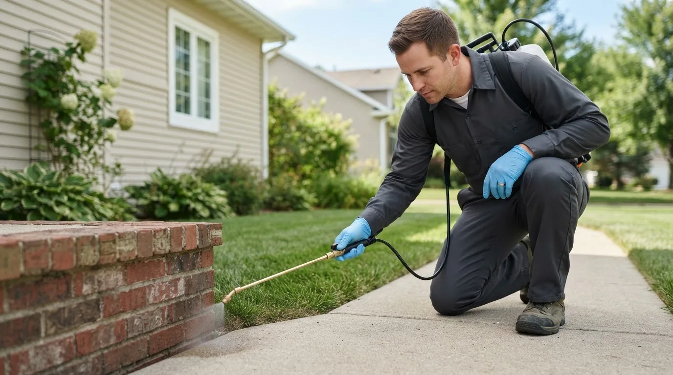 Pest control technician treating a home near Negaunee, MI